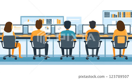 A team connecting remotely through laptops and mobile devices while sitting in a shared hybrid office, collaborative vibe, wide view 123789507