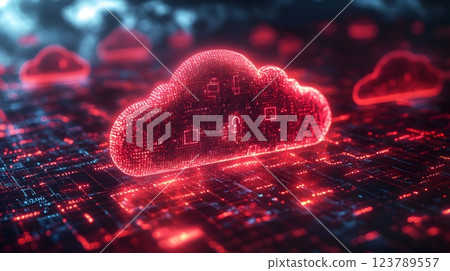 Glowing cloud interface with encrypted codes and digital locks emphasizing security and computing, wide shot 123789557
