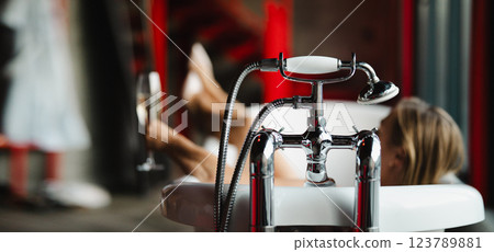 Woman relax in bathrobe at home, closeup 123789881