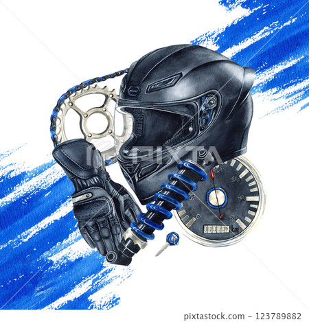Motorcycle helmet, protective gloves, shock absorber, chain and speedometer with bright blue watercolor spot. Moto gear and equipment. Biker illustration isolated from background. Posters, postcard Motorcycle helmet, protective gloves, shock absorber, chain and speedometer with bright blue watercolor spot. Moto gear and equipment. Biker illustration isolated from background. Posters, postcard 123789882