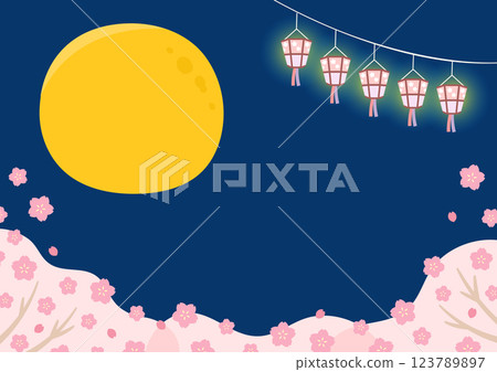 夜間賞櫻花的插畫 123789897