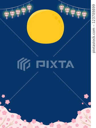 Cherry blossom viewing background with moon, cherry blossoms and lanterns Cherry blossom viewing background with moon, cherry blossoms and lanterns 123789899
