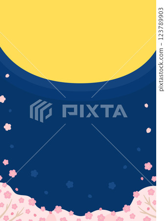 Moon frame with cherry blossoms and cherry blossom petals, background illustration of cherry blossoms at night 123789903