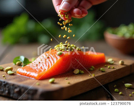 Artisanal Pistachio-Crusted Fresh Atlantic Salmon Preparation in Professional Kitchen Setting Artisanal Pistachio-Crusted Fresh Atlantic Salmon Preparation in Professional Kitchen Setting 123790076