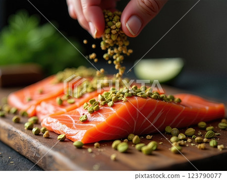 Artisanal Pistachio-Crusted Fresh Atlantic Salmon Preparation in Professional Kitchen Setting 123790077