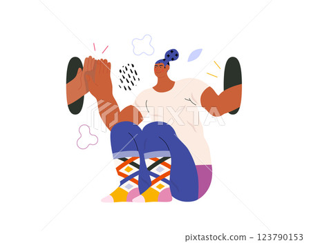 Life Unframed: Self-clapping -modern flat vector concept illustration of a man giving 5 to himself. Metaphor of unpredictability, imagination, whimsy, cycle of existence, play, growth and discovery Life Unframed: Self-clapping -modern flat vector concept illustration of a man giving 5 to himself. Metaphor of unpredictability, imagination, whimsy, cycle of existence, play, growth and discovery 123790153