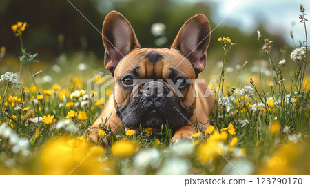 French Bulldog lying in field of wildflowers looking relaxed and content French Bulldog lying in field of wildflowers looking relaxed and content 123790170