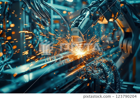 A robotic arm is engaged in precision welding on metal materials, creating bright sparks in a factory filled with machinery. The environment is vibrant with technology and automation. 123790204