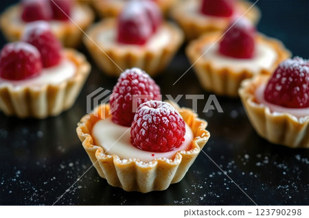 Artisanal French Patisserie Delicate Raspberry Custard Tartlets with Vanilla Creme Patissiere and Sugar Frost 123790298