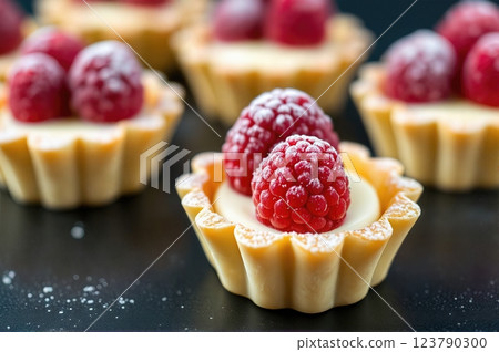 Artisanal French Patisserie Delicate Raspberry Custard Tartlets with Vanilla Creme Patissiere and Sugar Frost Artisanal French Patisserie Delicate Raspberry Custard Tartlets with Vanilla Creme Patissiere and Sugar Frost 123790300