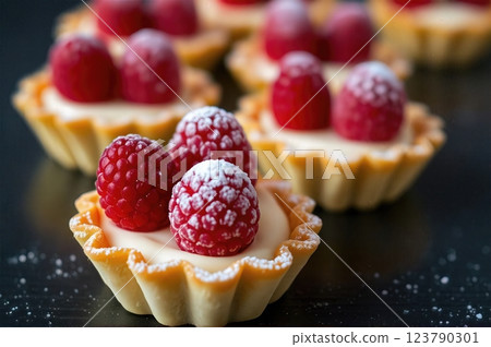Artisanal French Patisserie Delicate Raspberry Custard Tartlets with Vanilla Creme Patissiere and Sugar Frost 123790301