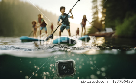 An action camera submerged in tranquil waters captures a group of friends stand-up paddleboarding, their silhouettes etched against the calm lake under the fading light of sunset. 123790459