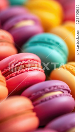 Rainbow Symphony of French Macarons A Delicate Display of Artisanal Patisserie in Vivid Colors and Textures 123790633