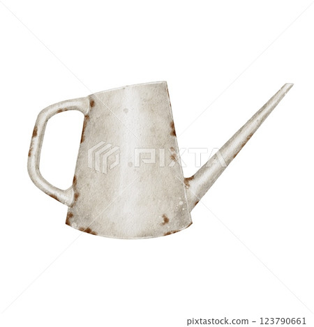 Vintage metal watering can with rust. Watercolor illustration in gray with a handle and a long spout. For use in designs related to gardening, farming, ecology and eco-friendly products. Vintage metal watering can with rust. Watercolor illustration in gray with a handle and a long spout. For use in designs related to gardening, farming, ecology and eco-friendly products. 123790661