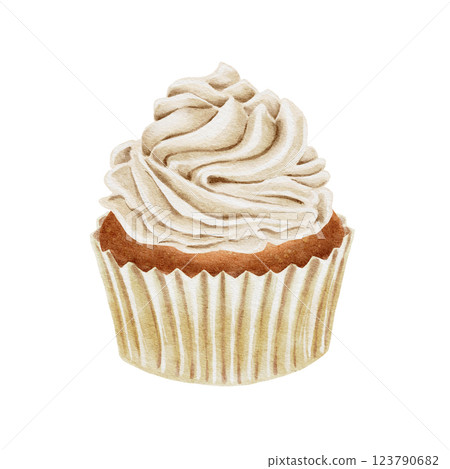 Cupcake with white cream watercolor illustration on white. For birthday, party, wedding typography, packaging for bakery, labels, cards. Cupcake with white cream watercolor illustration on white. For birthday, party, wedding typography, packaging for bakery, labels, cards. 123790682