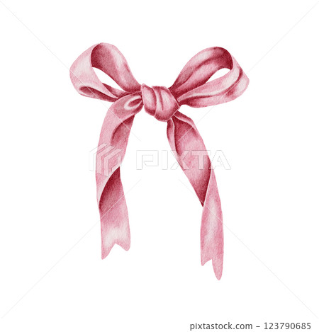 Pink bow watercolor illustration isolated on white. For decorating cards, packaging, wedding typography, birthdays, parties, cosmetics packaging, textiles. 123790685