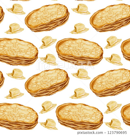Hot pancakes and pieces butter seamless pattern on white. Watercolor illustration for packaging, kitchen textiles, napkins, labels. 123790695