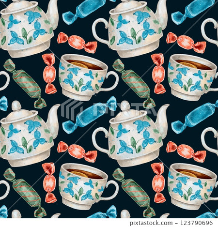 Teapot, cup of tea and candy seamless pattern on black. Watercolor illustration for packaging, kitchen textiles, napkins, labels. Teapot, cup of tea and candy seamless pattern on black. Watercolor illustration for packaging, kitchen textiles, napkins, labels. 123790696