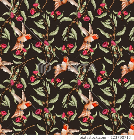 Tropical Hummingbird, eucalyptus with flowers seamless pattern on black background. Watercolor illustration for textile, fabric, wallpaper, card, packaging, party. 123790713
