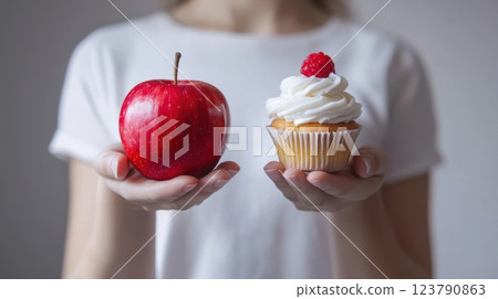 Choice between red apple and cupcake with white frosting and red berry. Concept of weight loss and health 123790863