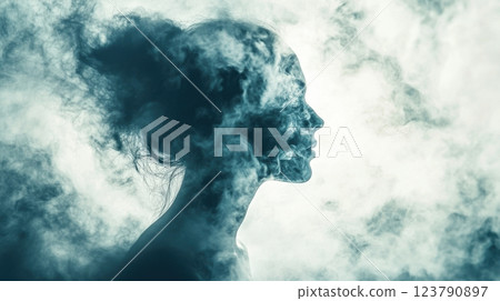 Mystical female silhouette shrouded in ethereal smoke and fog. Concept of weight loss and health 123790897
