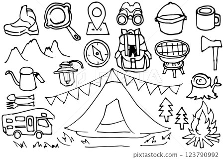 Simple outdoor camping glamping line drawing illustration set vector 123790992