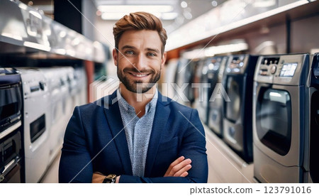 Salesperson engaging with customers in a home appliance store during a busy shopping period 123791016