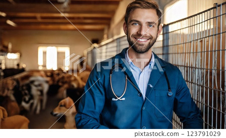 Worker caring for animals at a shelter with a smile in a vibrant environment 123791029
