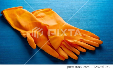 Bright orange rubber gloves placed on a blue surface for effective cleaning tasks Bright orange rubber gloves placed on a blue surface for effective cleaning tasks 123791039