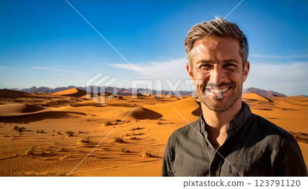Man smiles in the desert landscape under a clear blue sky during daylight hours 123791120