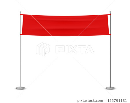 Red mockup banner flag hanging on flagpoles Red mockup banner flag hanging on flagpoles 123791181