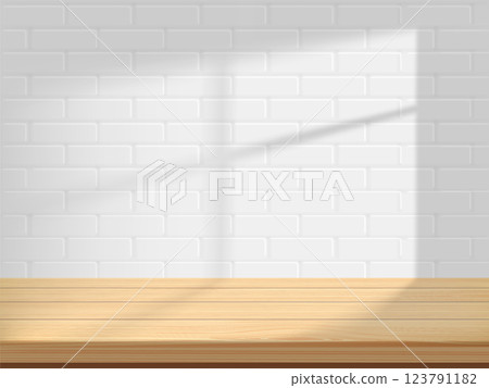 Kitchen wooden table on tile wall background 123791182