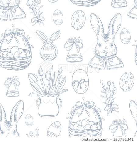 Vector Easter background with cute whimsical bunnies, rabbits. Hand-drawn easter pattern in style doodle, simple art. Perfect for children's decor, textiles. Design for Easter products and wallpaper. Vector Easter background with cute whimsical bunnies, rabbits. Hand-drawn easter pattern in style doodle, simple art. Perfect for children's decor, textiles. Design for Easter products and wallpaper. 123791341
