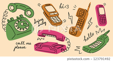 Vintage cartoon phone set illustration 123791492