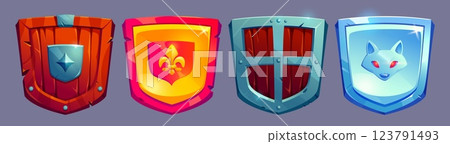 Medieval shields set isolated on gray background Medieval shields set isolated on gray background 123791493