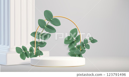 White podium pedestal with plant leaves branch 123791496