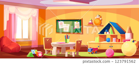 Kindergarten room with toys and furniture 123791562