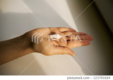 Open hand holding small seashell in sunlight 123791684