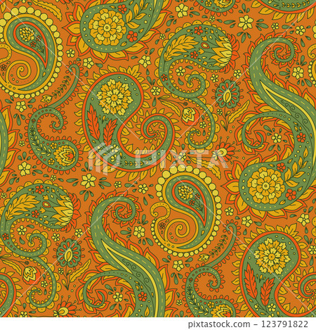 Floral paisley seamless pattern on orange background. Intricate eastern vintage background 123791822