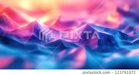 Abstract landscape with colorful geometric peaks and gradients highlighting a surreal atmosphere during evening light Abstract landscape with colorful geometric peaks and gradients highlighting a surreal atmosphere during evening light 123791872