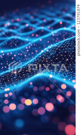 Abstract representation of vibrant waves and luminous particles in a digital landscape at night 123791874