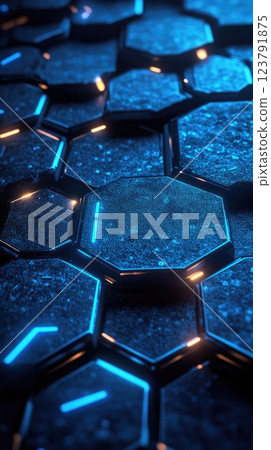 Hexagonal patterns with glowing blue lines highlighting modern technological design 123791875