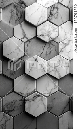 Hexagonal marble tiles create a modern and elegant wall design in a sophisticated interior space Hexagonal marble tiles create a modern and elegant wall design in a sophisticated interior space 123791880