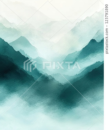 Serene mountain landscape with misty valleys and layered peaks during early morning hours in a tranquil setting 123791890