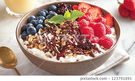 Deliciously crafted yogurt bowl topped with berries, granola, and chocolate drizzle enjoyed on a marble countertop 123791891