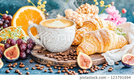 Freshly brewed coffee and pastries arranged on a wooden board with fruit and flowers in a cozy setting Freshly brewed coffee and pastries arranged on a wooden board with fruit and flowers in a cozy setting 123791894