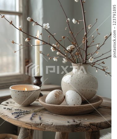 Beautifully arranged rustic decor with branches, flowers, and speckled eggs on a wooden table in soft natural light 123791895