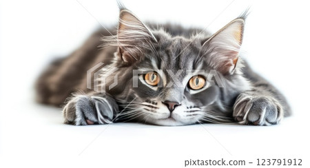 Maine coon cat relaxing and observing quietly in a bright indoor space on a sunny day 123791912