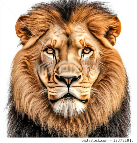 Majestic lion with an impressive mane and striking facial features exhibits calm demeanor in bright surroundings 123791913