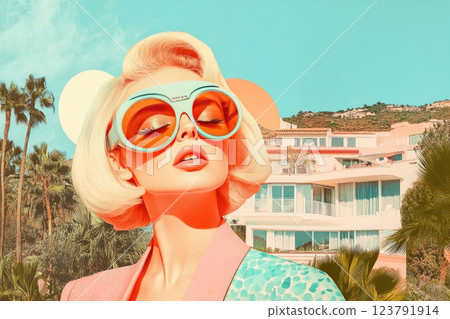 Bright retro fashion model enjoys a sunny day in a vibrant coastal setting with palm trees and modern architecture 123791914